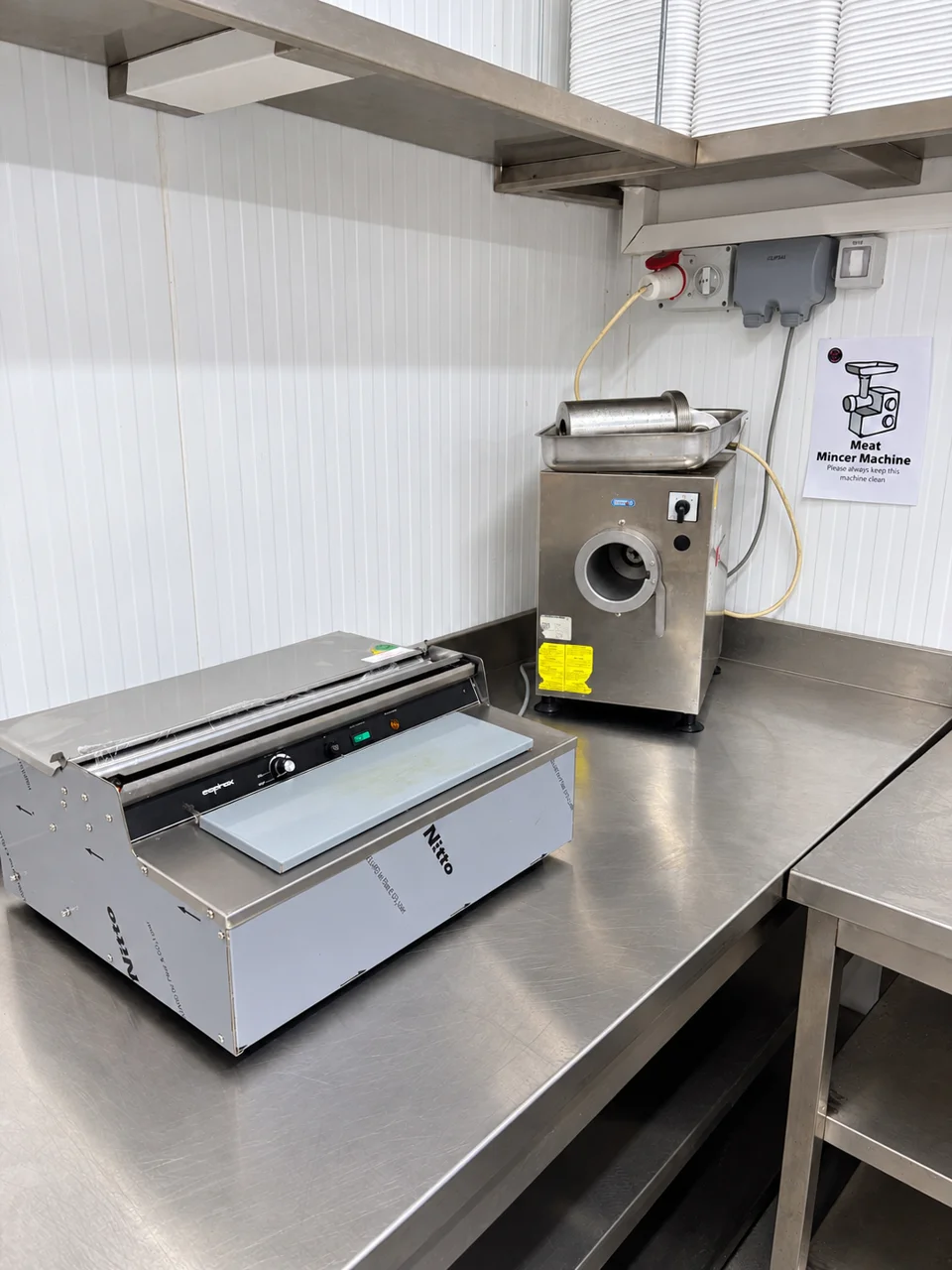 The Meat Shop mincing and wrapping equipment, photographed on site